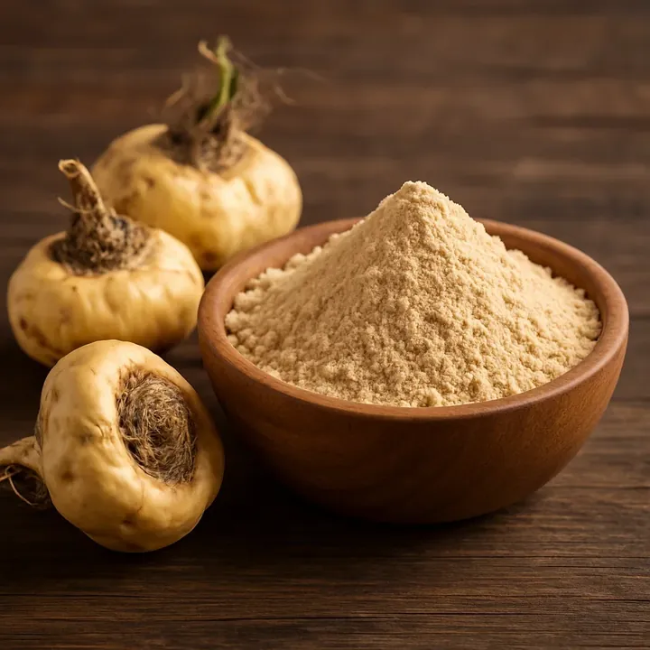 Whole maca roots beside a wooden bowl of pale maca root powder