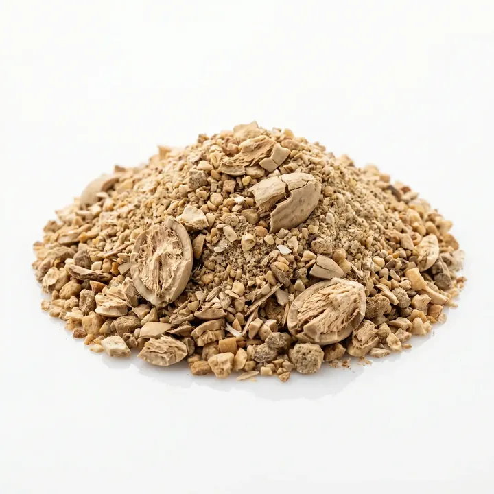 Dried, chopped light-brown root pieces in a small pile