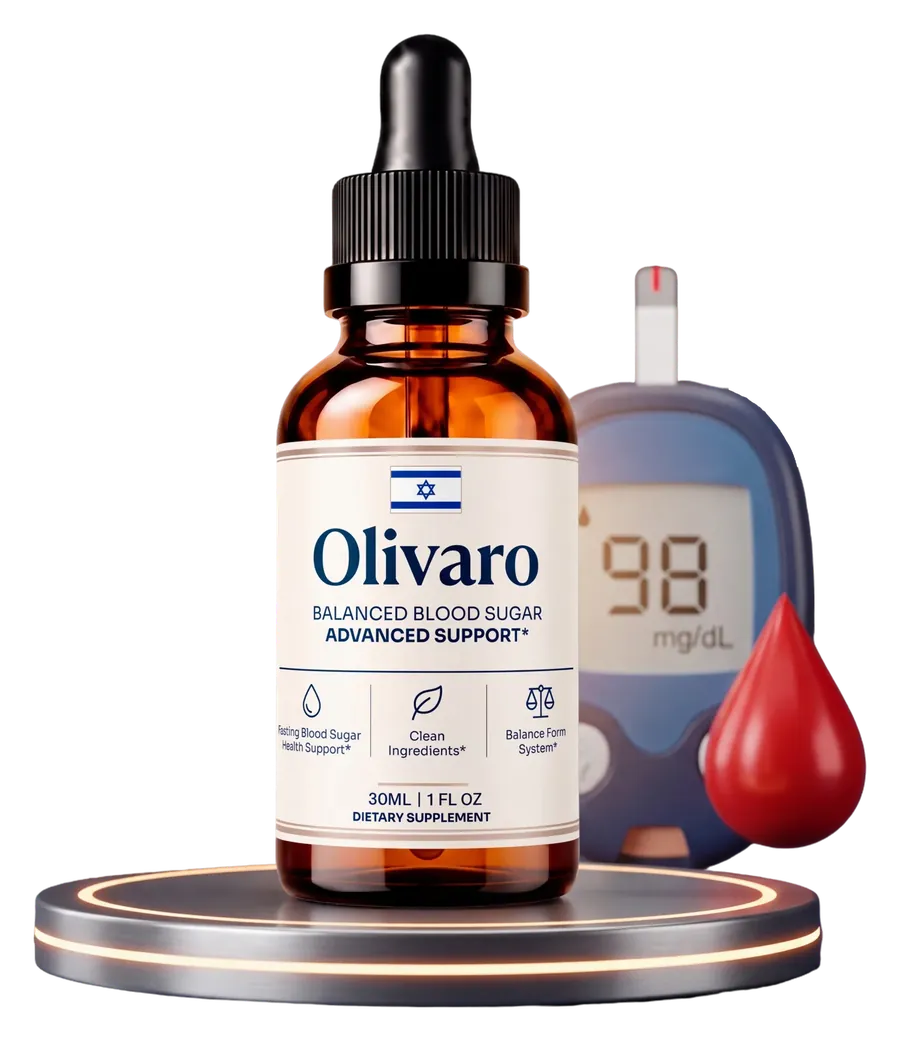 An Olivaro bottle on a lit podium beside a glucose meter showing 98 mg/dL and a red blood drop